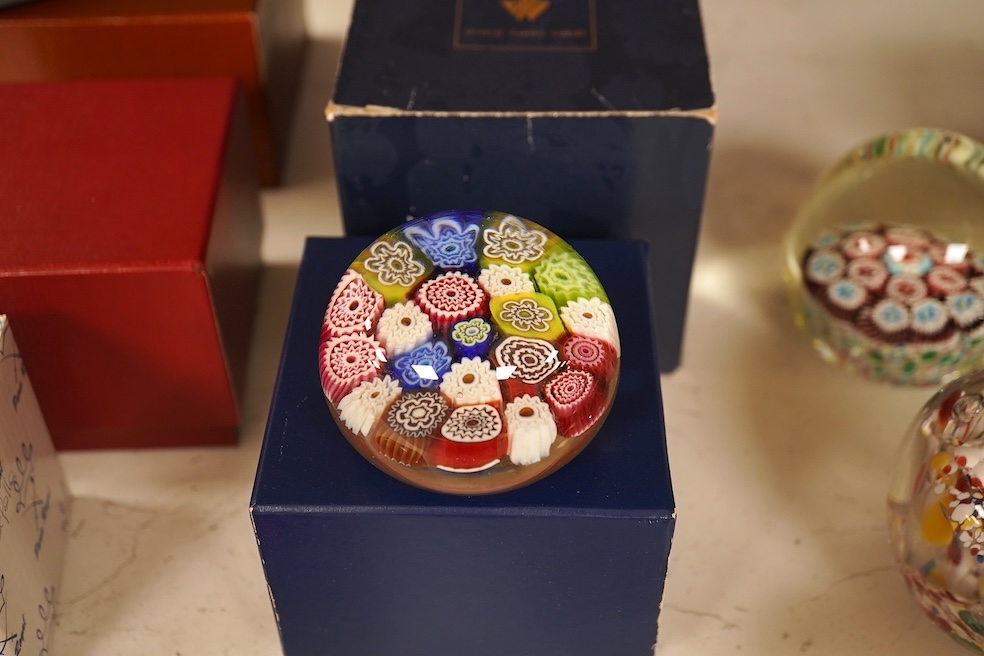 Seventeen various paperweights, including Lalique and a signed Murano example, some boxed, largest 10cm high